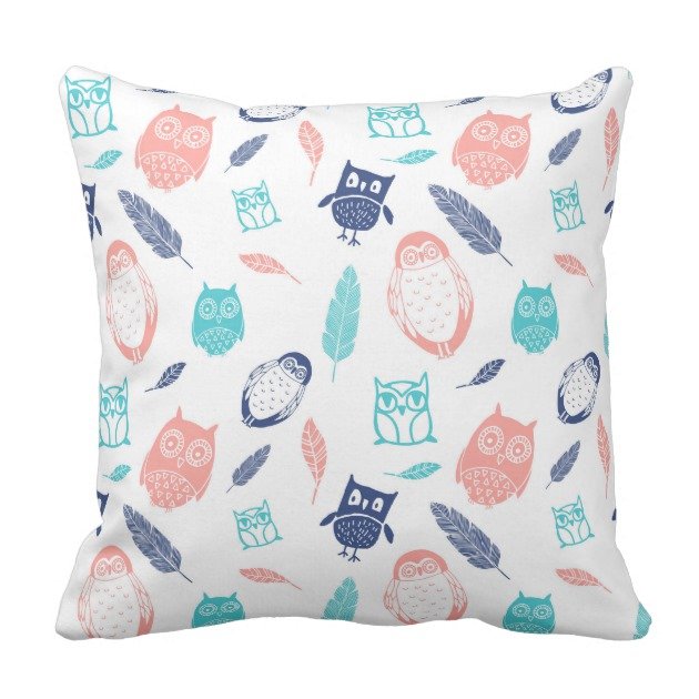 Fantaboy Navy Blue Teal Coral Owls Illustration Cushion Cover